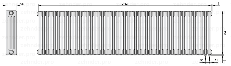 Схема (чертеж) Радиатор Zehnder Charleston 4075/47 №5510 Белый глянцевый RAL 9016